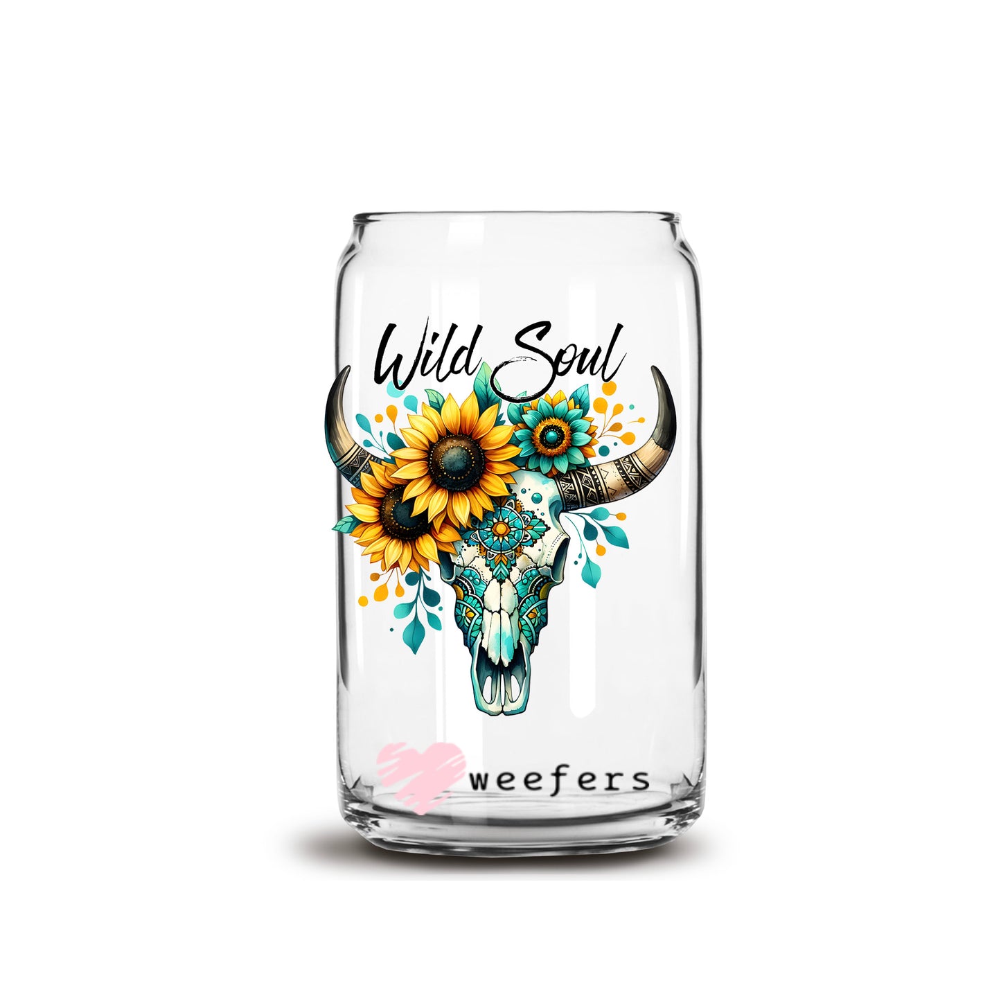 Wild Soul Cow Skull Sunflowers 16oz Libbey Glass Can UV DTF or Sublimation Cup Wrap - Decal Transfer - Weefers