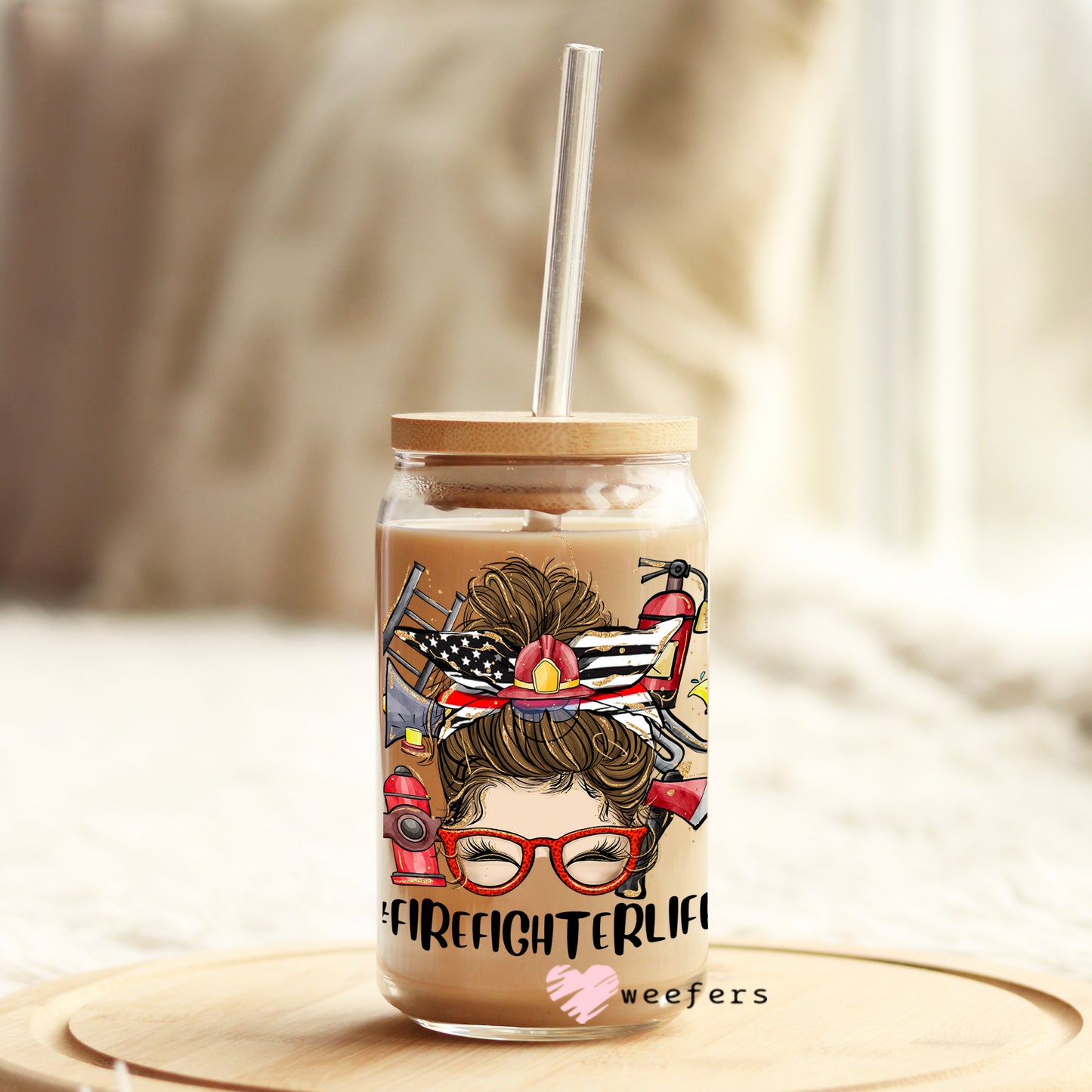 Firefighter Life Messy Bun 16oz Libbey Glass Can UV DTF or Sublimation Wrap - Decal - Weefers