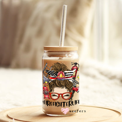 Firefighter Life Messy Bun 16oz Libbey Glass Can UV DTF or Sublimation Wrap - Decal - Weefers