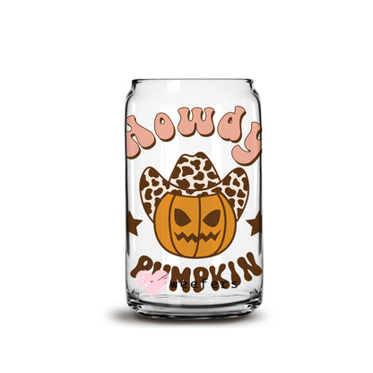 Howdy Pumpkins Brown Cowprint 16oz Libbey Glass Can UV DTF or Sublimation Wrap - Decal - Weefers