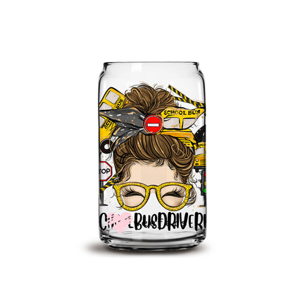 School Bus Driver Life Messy Bun 16oz Libbey Glass Can UV DTF or Sublimation Wrap - Decal - Weefers