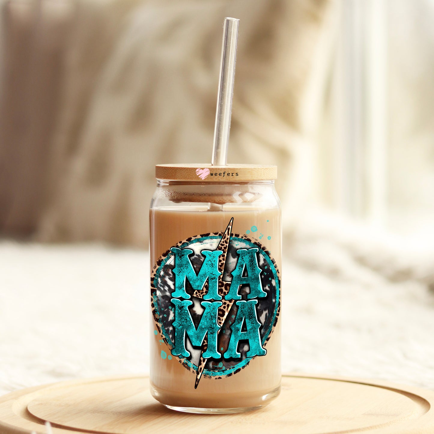 MaMa Teal Black Leopard 16oz Libbey Glass Can UV DTF or Sublimation Wrap - Decal - Weefers