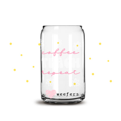 Coffee Teach Repeat Pink and White 16oz Libbey Glass Can UV DTF or Sublimation Wrap - Decal - Weefers