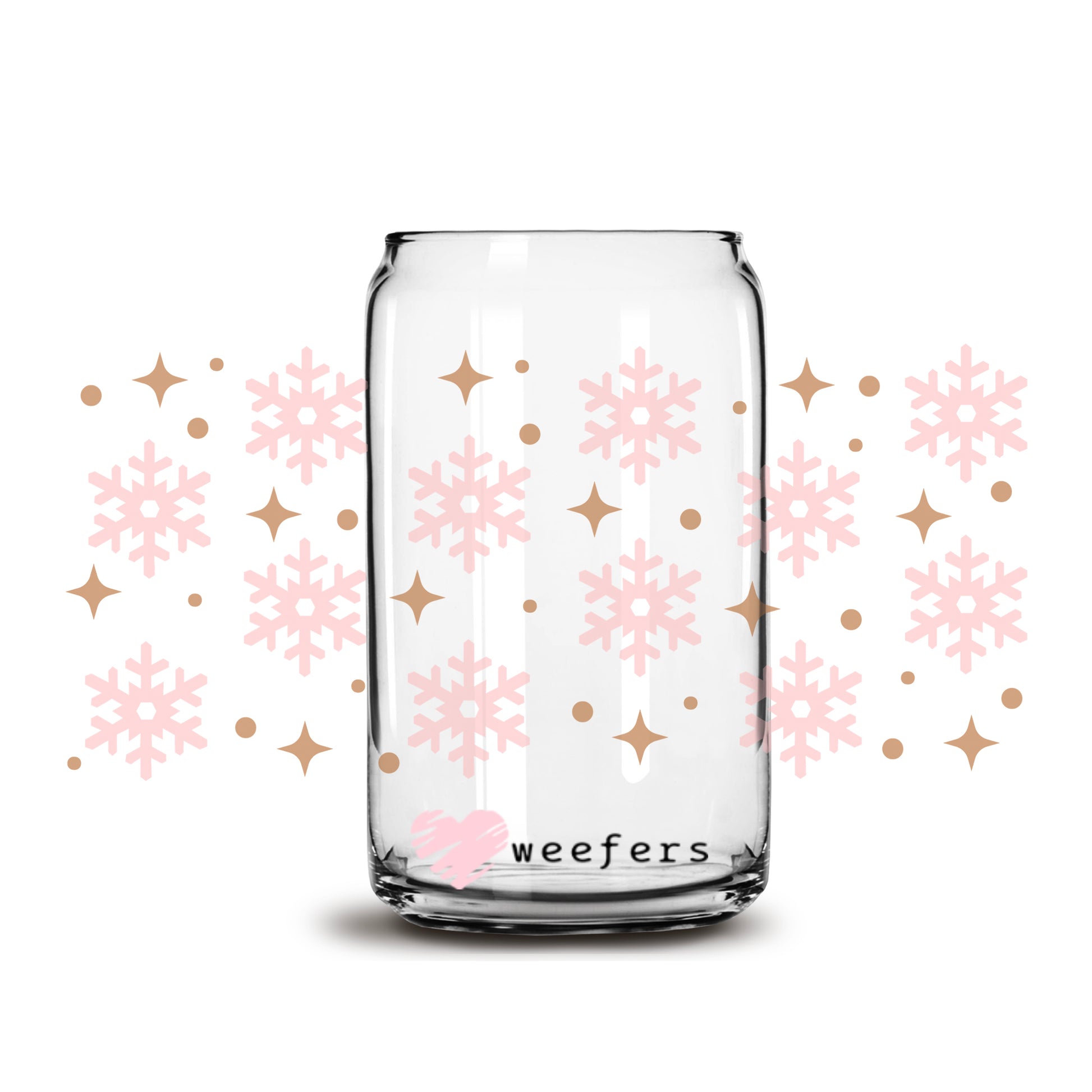 Pink Snowflakes Christmas 16oz Libbey Glass Can UV DTF or Sublimation Wrap - Decal - Weefers