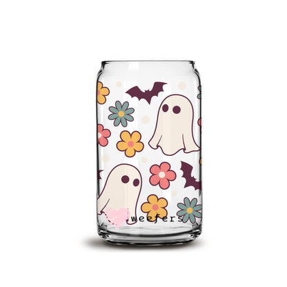 Retro Floral Ghost 16oz Libbey Glass Can UV DTF or Sublimation Wrap - Decal - Weefers