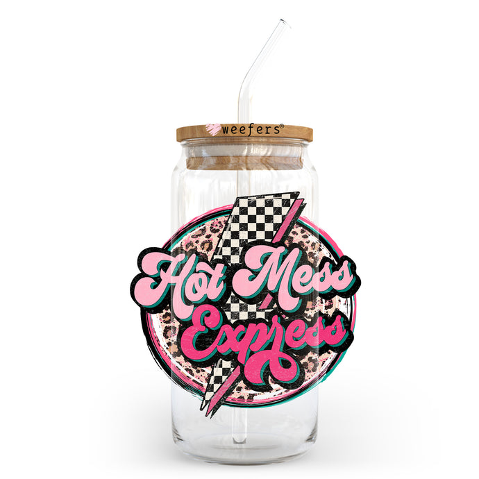 a jar with a straw in it that says hot mess express