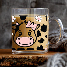 Load image into Gallery viewer, a glass mug with a picture of a cow on it
