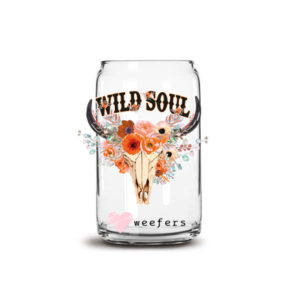 Wild Soul Cow Skull 16oz Libbey Glass Can UV DTF or Sublimation Cup Wrap - Decal Transfer - Weefers