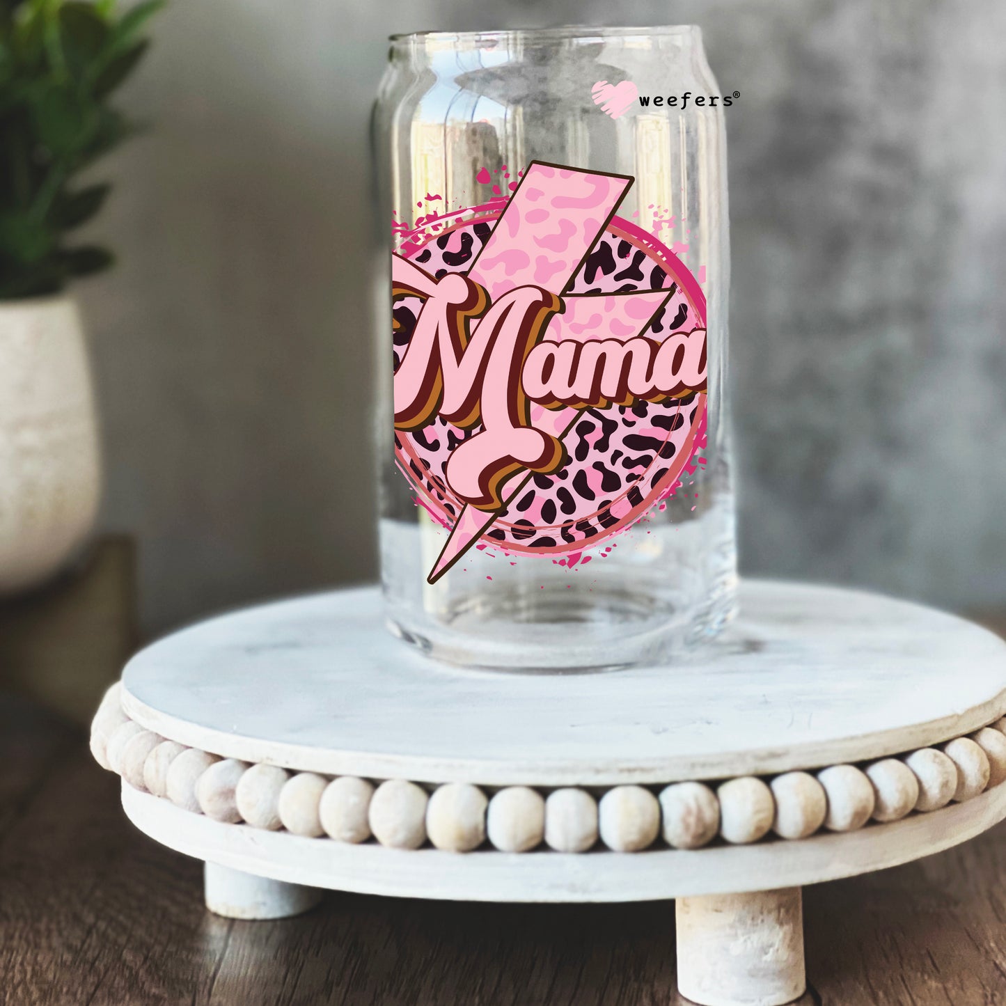 Mama Pink Lightening Bolt 16oz Libbey Glass Can UV DTF or Sublimation Cup Wrap - Decal Transfer - Weefers