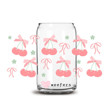 Coquette Pink Cherries 16oz Libbey Glass Can UV DTF or Sublimation Cup Wrap - Decal Transfer - Weefers