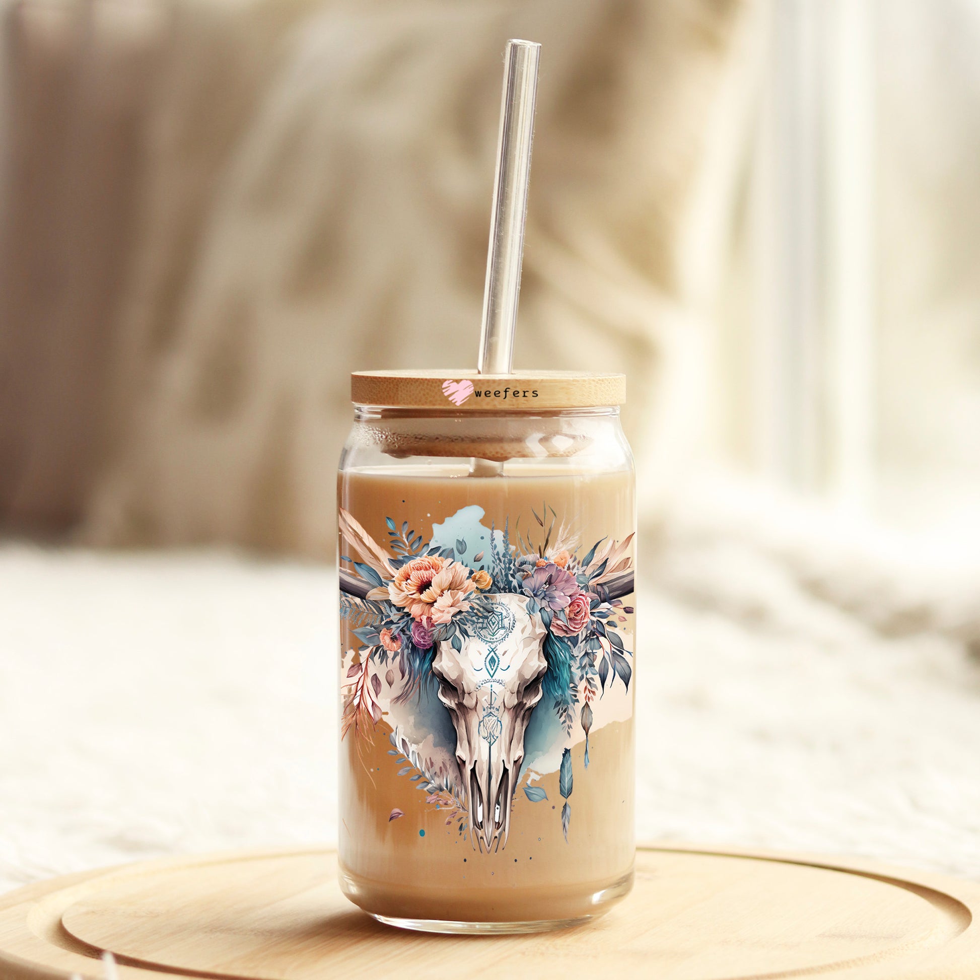 Cow Skull Floral 16oz Libbey Glass Can UV DTF or Sublimation Cup Wrap - Decal Transfer - Weefers