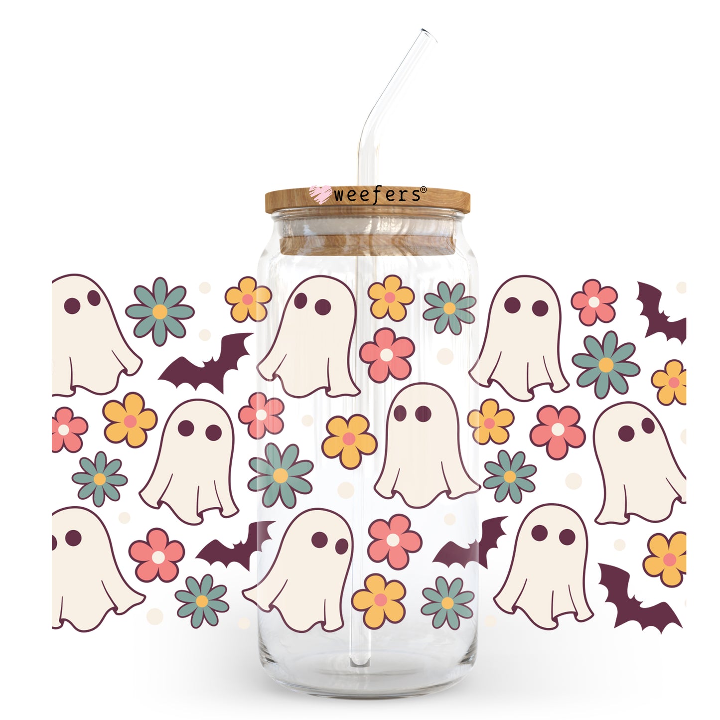 Retro Ghost and Daisies 20oz Libbey Glass Can, 34oz Hip Sip, 40oz Tumbler UV DTF or Sublimation Decal Transfer - Weefers