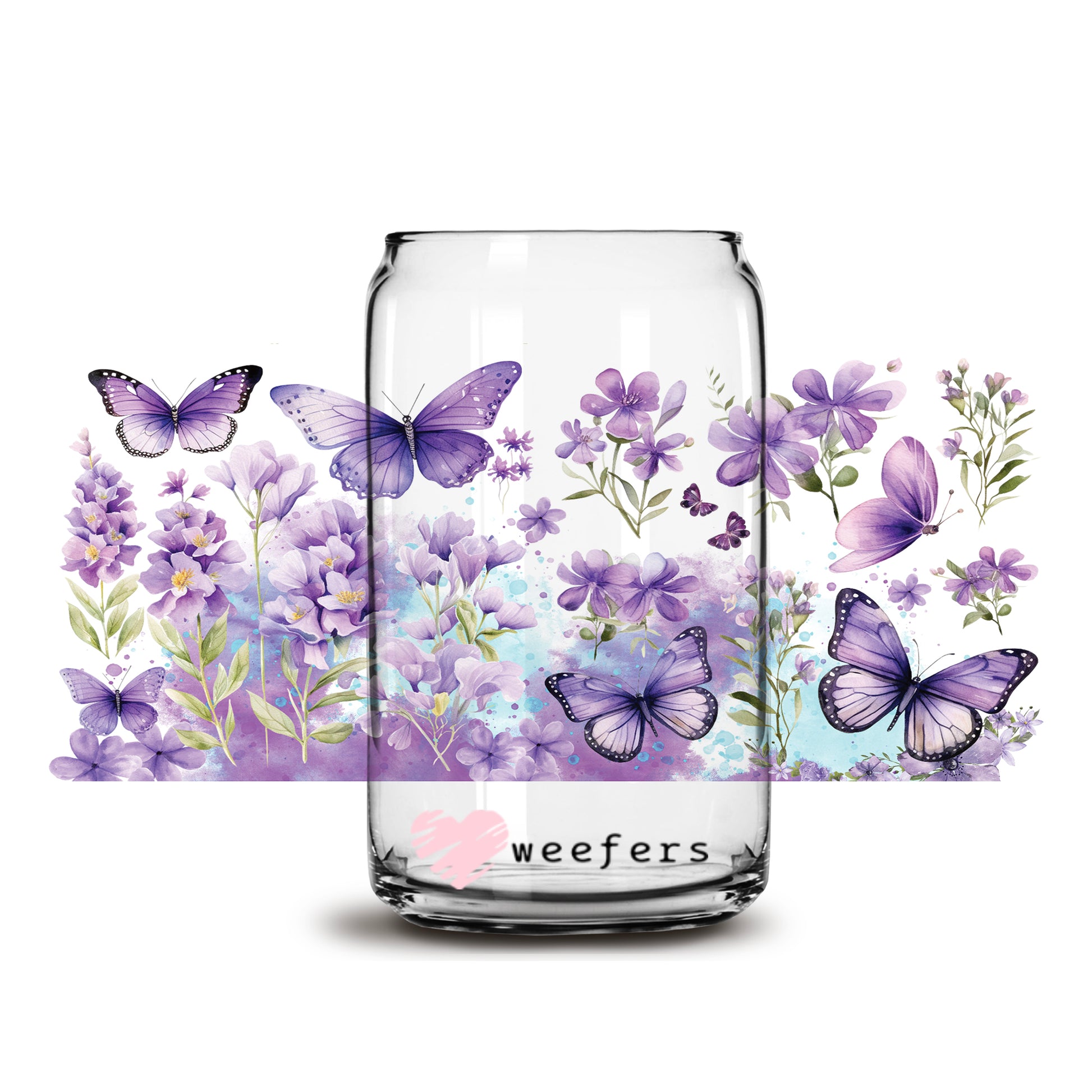 Purple Butterflies and Florals 16oz Libbey Glass Can UV DTF or Sublimation Wrap - Decal - Weefers