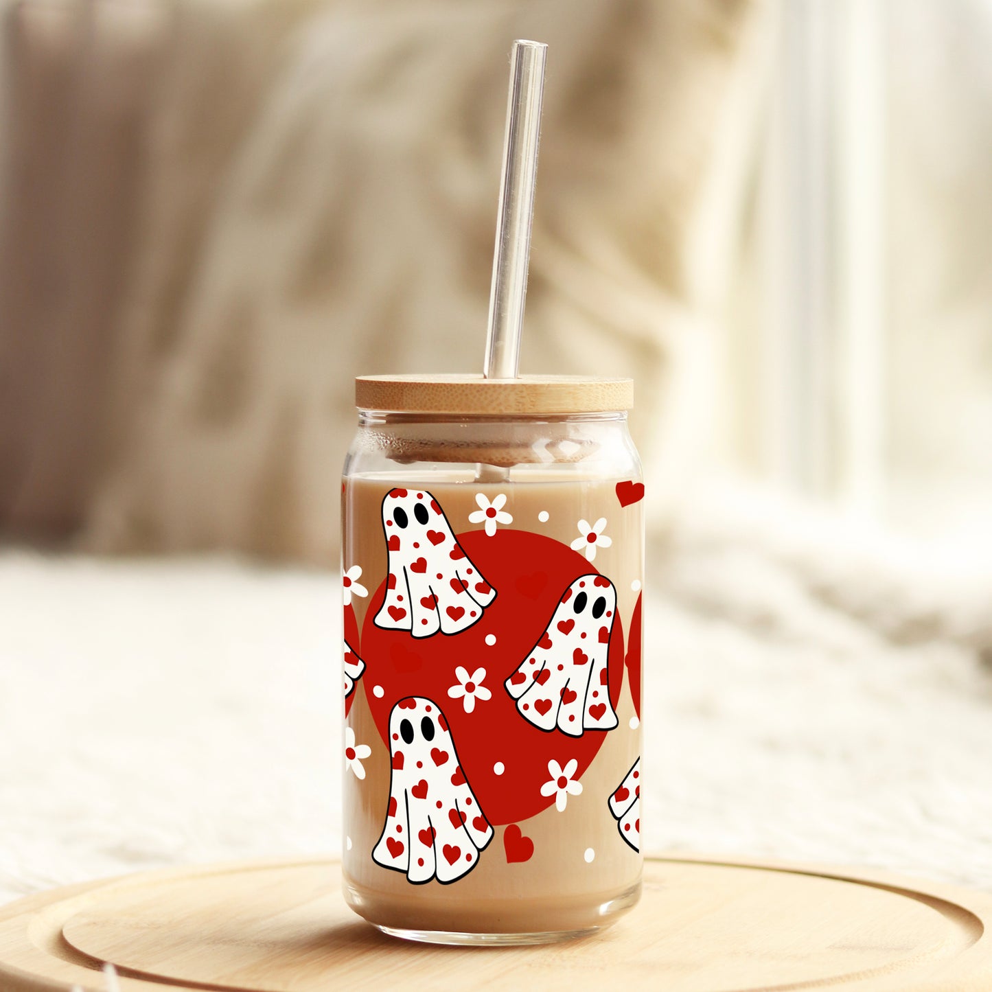 Valentine Ghosts 16oz Libbey Glass Can UV DTF or Sublimation Cup Wrap - Decal Transfer - Weefers