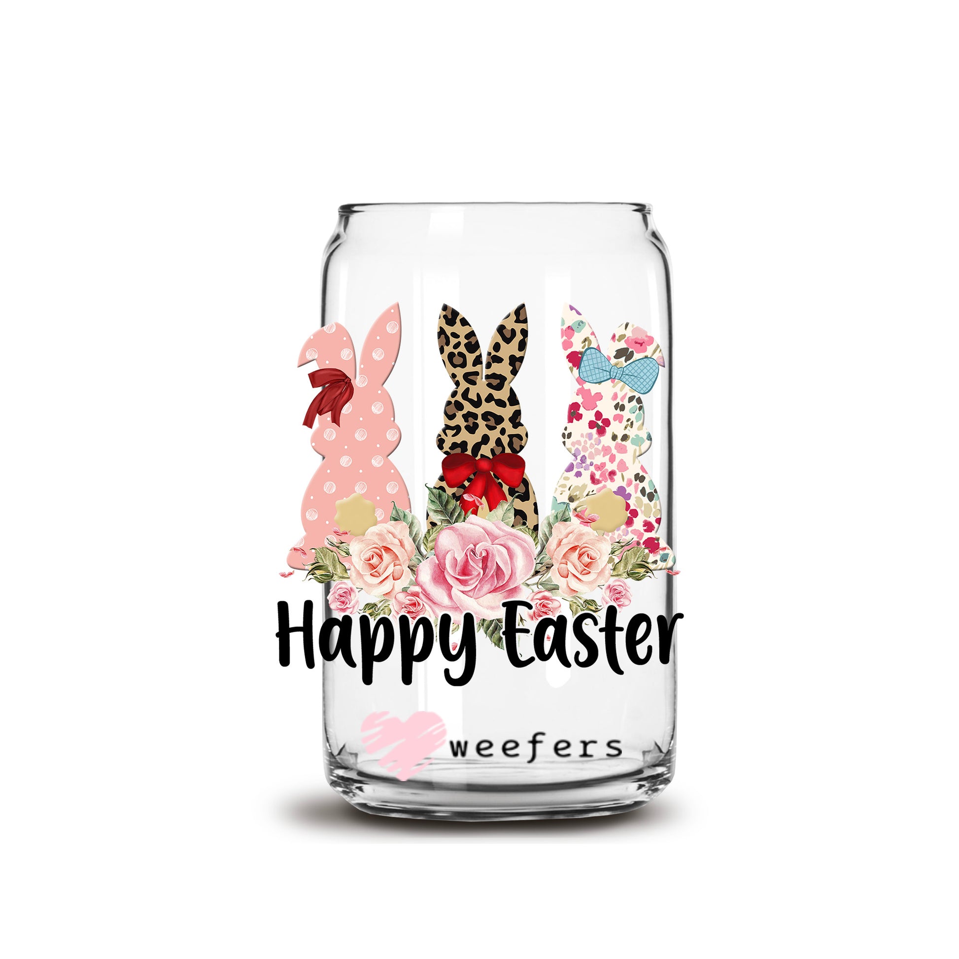 Happy Easter Trio Bunnies 16oz Libbey Glass Can UV DTF or Sublimation Cup Wrap - Decal Transfer - Weefers