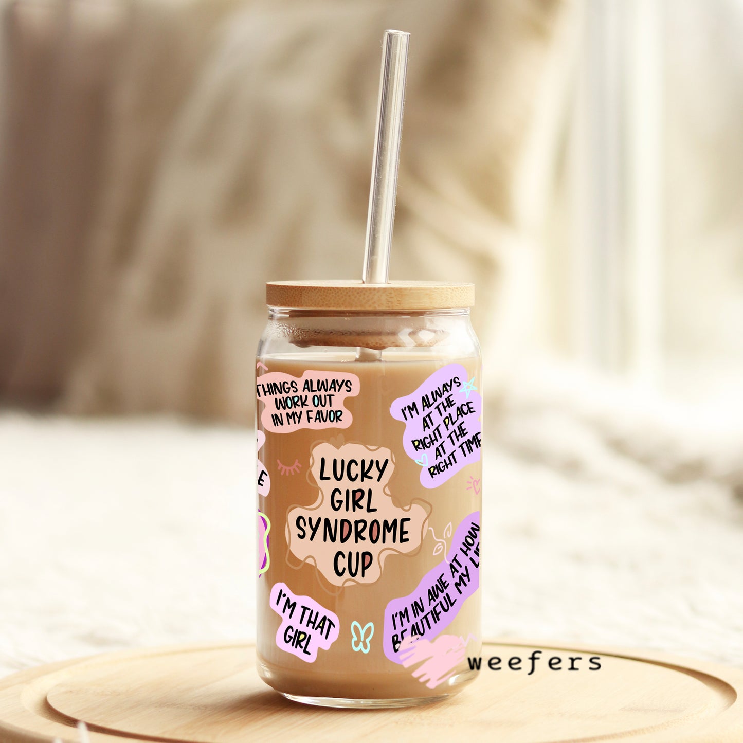 Lucky Girl Syndrome Affirmations 16oz Libbey Glass Can UV DTF or Sublimation Wrap - Decal - Weefers