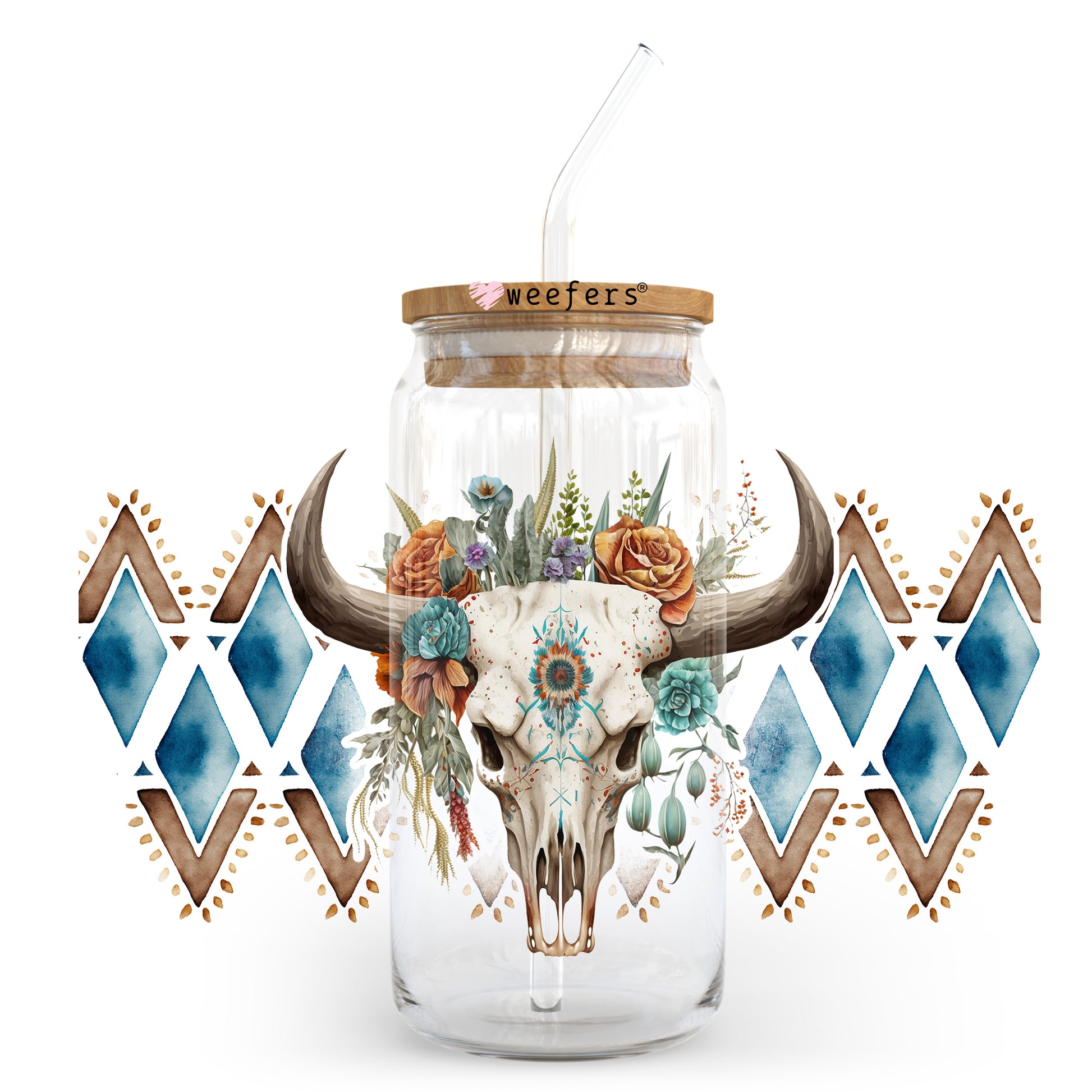 Cow Skull Aztec 20oz Libbey Glass Can UV DTF or Sublimation Wrap - Decal Transfer - Weefers