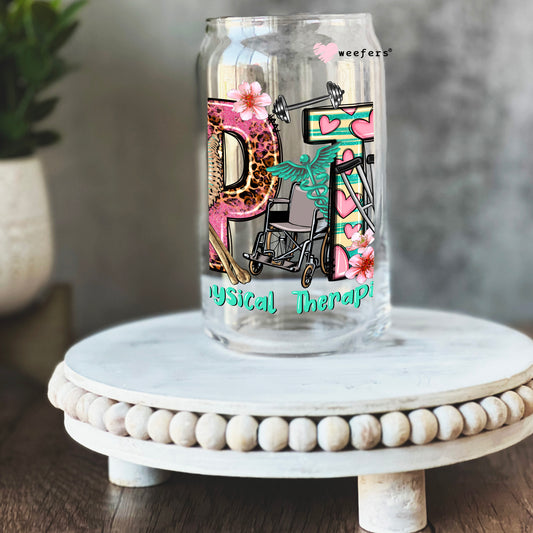 Physical Therapist Pinks and Teal 16oz Libbey Glass Can UV DTF or Sublimation Cup Wrap - Decal Transfer Weefers