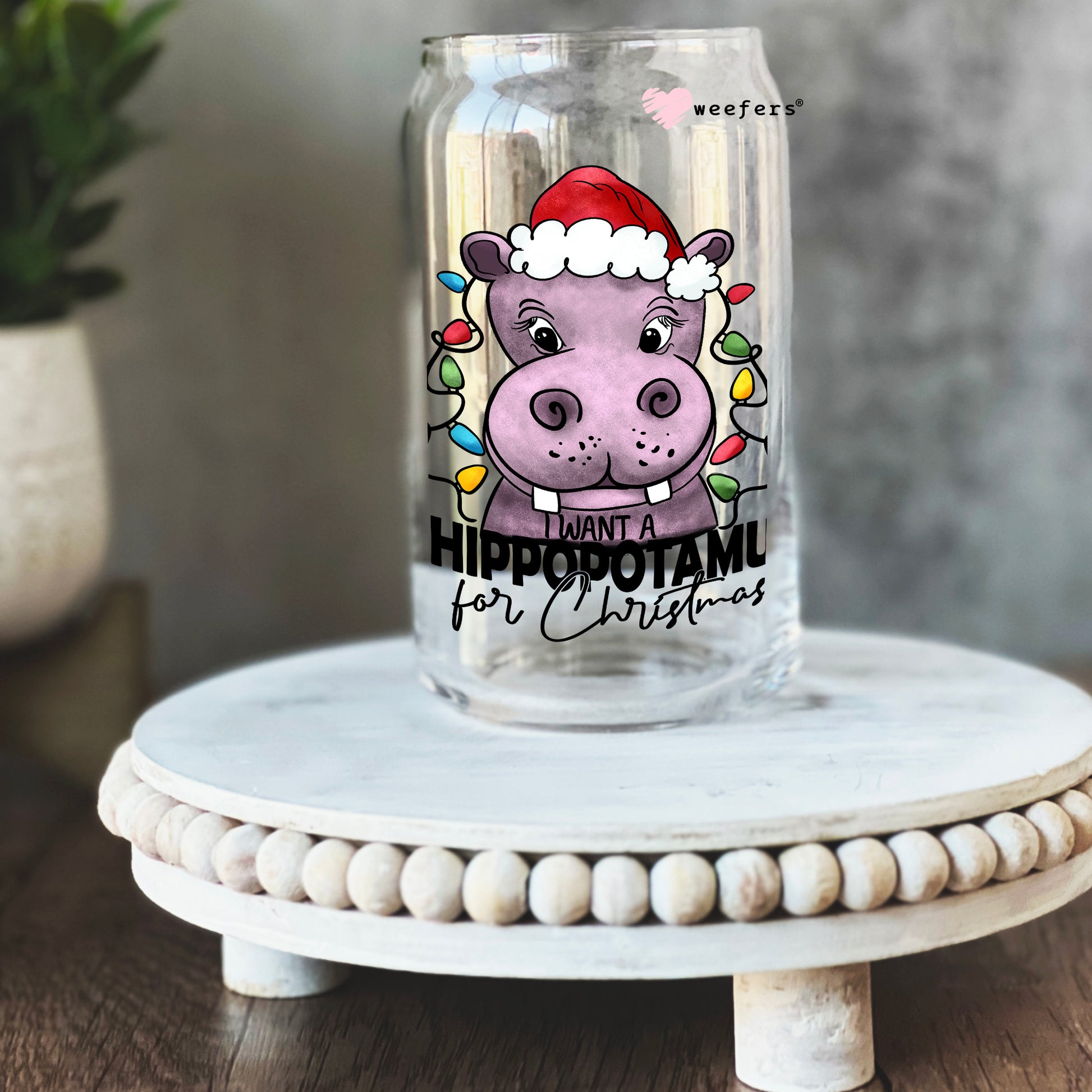 I Want a Hippopotamus for Christmas Giraffe 16oz Libbey Glass Can UV DTF or Sublimation Cup Wrap - Decal Transfer - Weefers