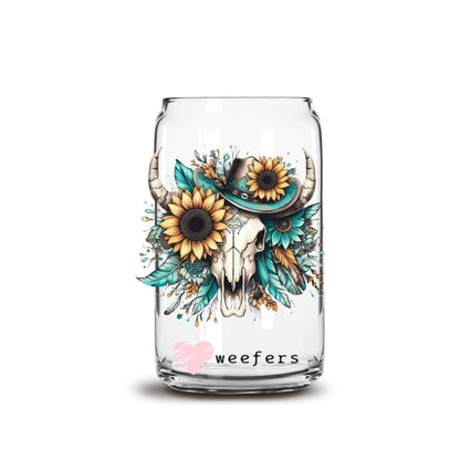 Sunflower Teal Cow Skull 16oz Libbey Glass Can UV DTF or Sublimation Cup Wrap - Decal Transfers - Weefers