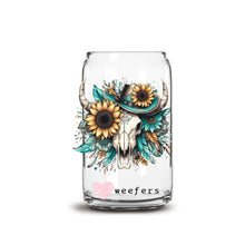 Load image into Gallery viewer, a glass jar with a cow skull and sunflowers on it
