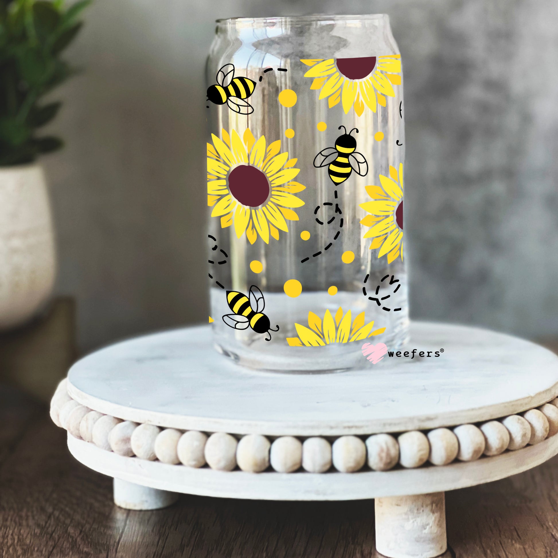 Sunflowers and Bees 16oz Libbey Glass Can UV DTF or Sublimation Wrap - Decal - Weefers