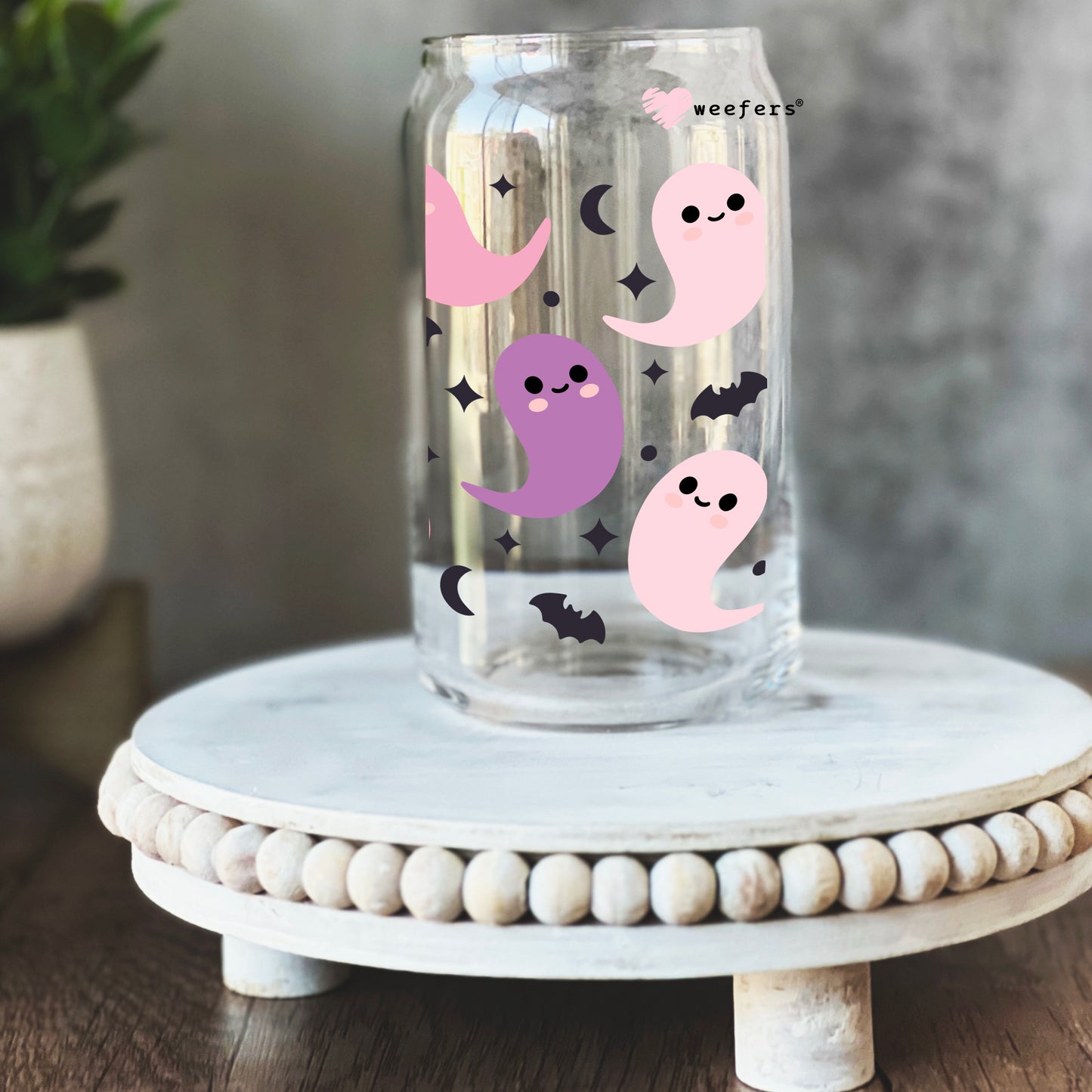 Purple and Pink Ghosts Halloween 16oz Libbey Glass Can UV DTF or Sublimation Wrap - Decal - Weefers