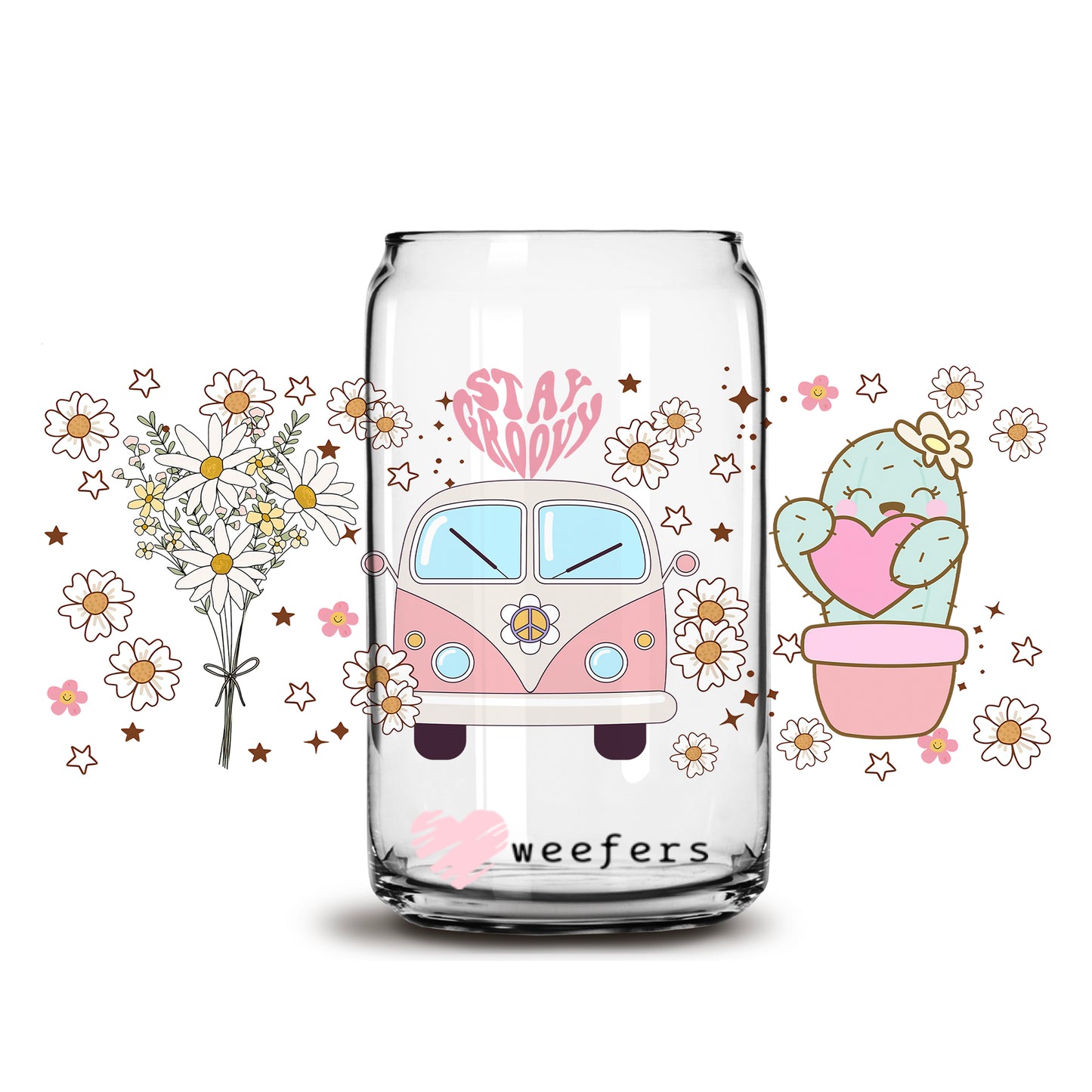 Stay Groovy Pinks and Blues Bus 16oz Libbey Glass Can UV DTF or Sublimation Wrap - Decal - Weefers