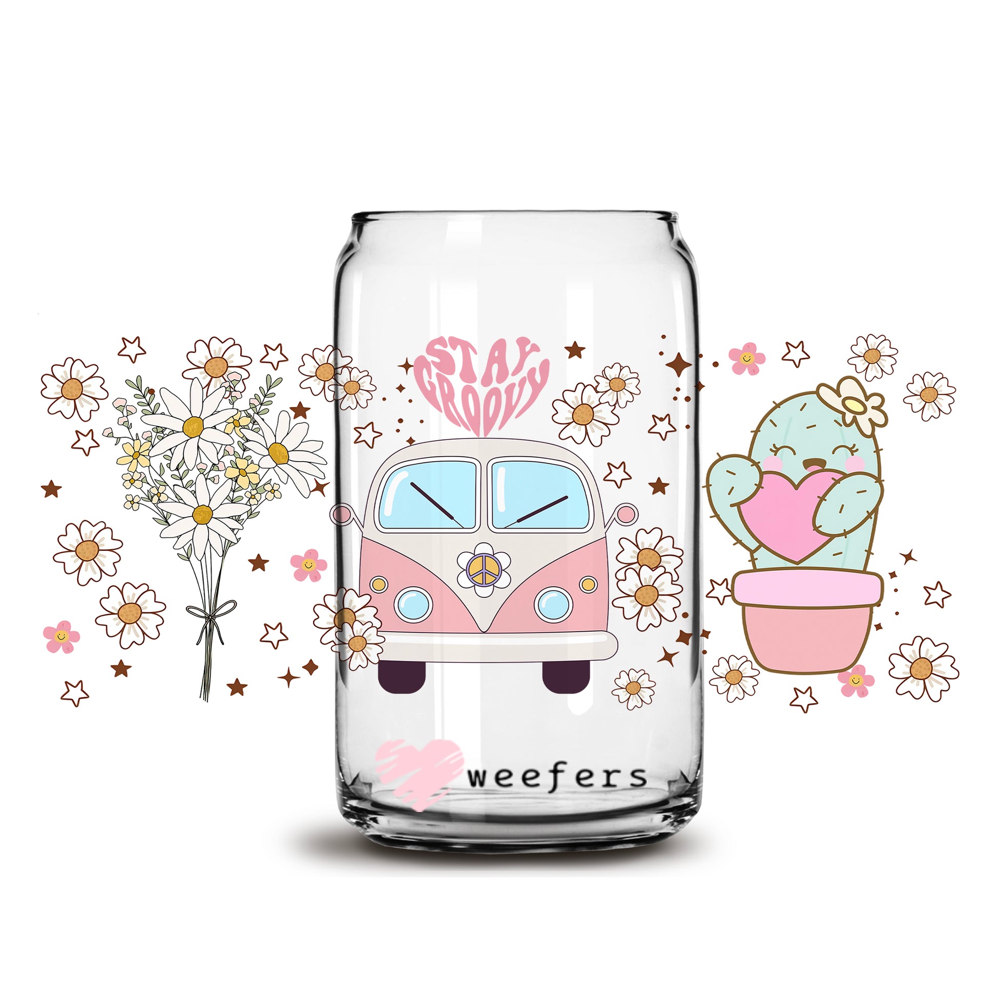 Stay Groovy Pinks and Blues Bus 16oz Libbey Glass Can UV DTF or Sublimation Wrap - Decal - Weefers