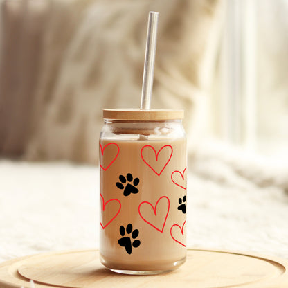 Paws and Hearts Dog Lover Cup 16oz Libbey Glass Can UV DTF or Sublimation Wrap - Decal - Weefers