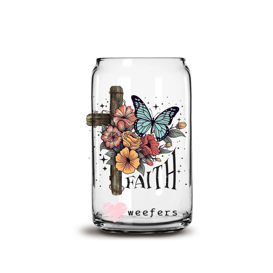 Faith Boho Floral Cross 16oz Libbey Glass Can UV DTF or Sublimation Cup Wrap - Decal Transfer - Weefers