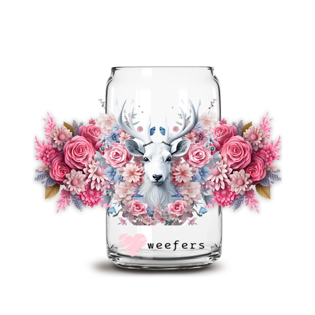 a jar with flowers and a deer's head on it