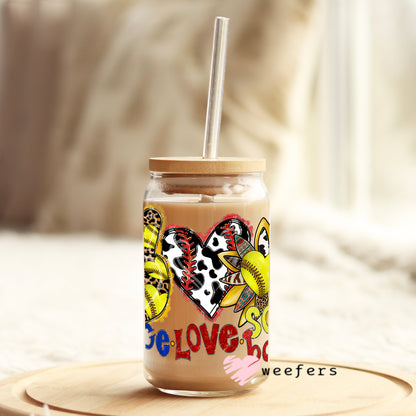 Peace Love Softball 16oz Libbey Glass Can UV DTF or Sublimation Wrap - Decal - Weefers