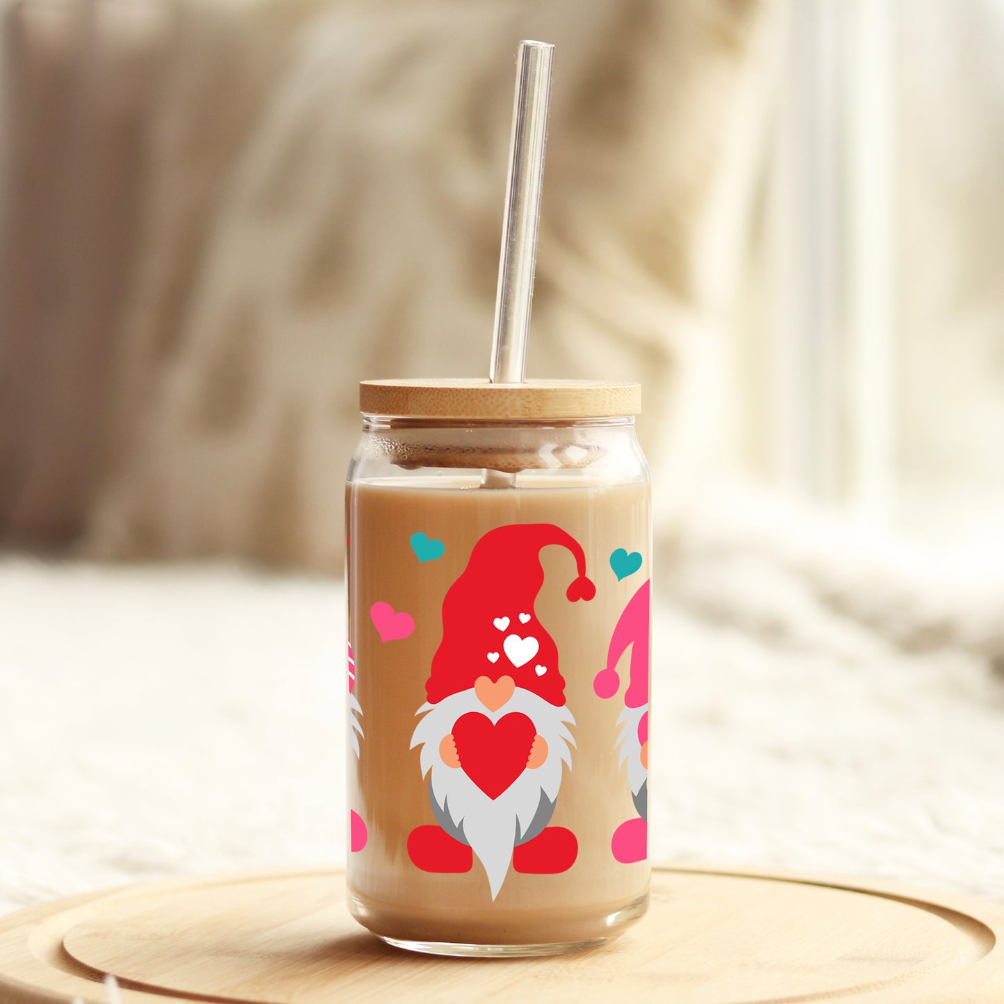 Love Gnomes Valentine's Day 16oz Libbey Glass Can UV DTF or Sublimation Cup Wrap - Decal Transfer - Weefers