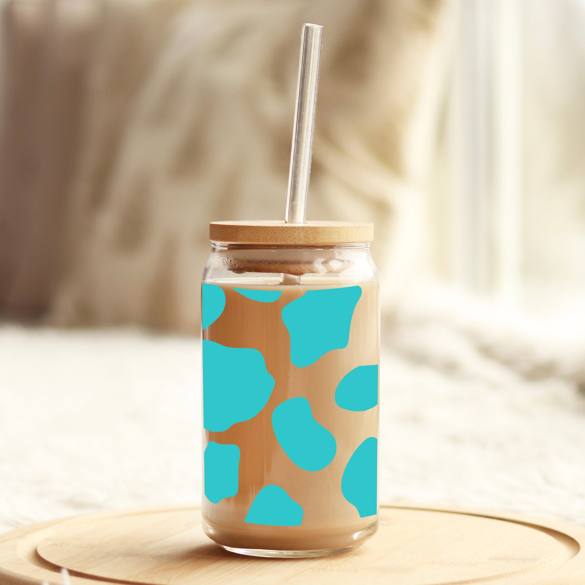 Teal Cow Print 16oz Libbey Glass Can UV DTF or Sublimation Wrap - Decal - Weefers