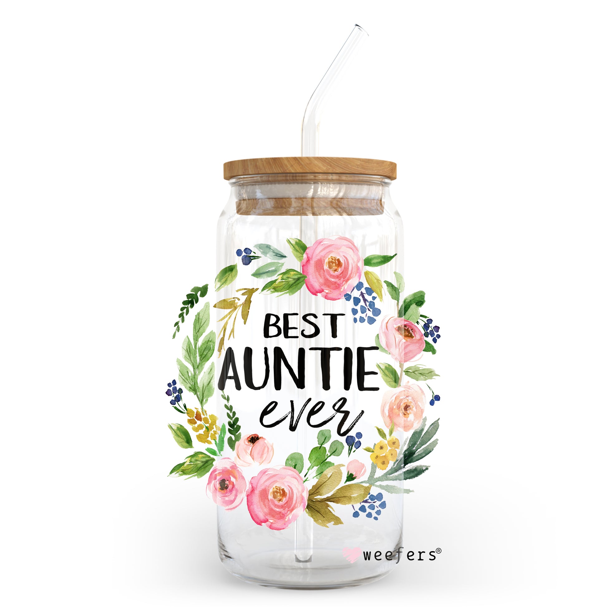 Best Auntie Ever Floral Wreath 20oz Libbey Glass Can, 34oz Hip Sip, 40oz Tumbler UV DTF or Sublimation Decal Transfer - Weefers