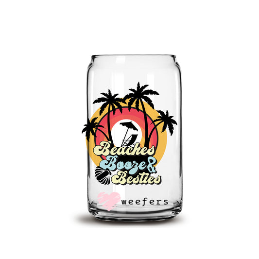 Beaches Booze and Besties Palms 16oz Libbey Glass Can UV DTF or Sublimation Wrap - Decal Weefers