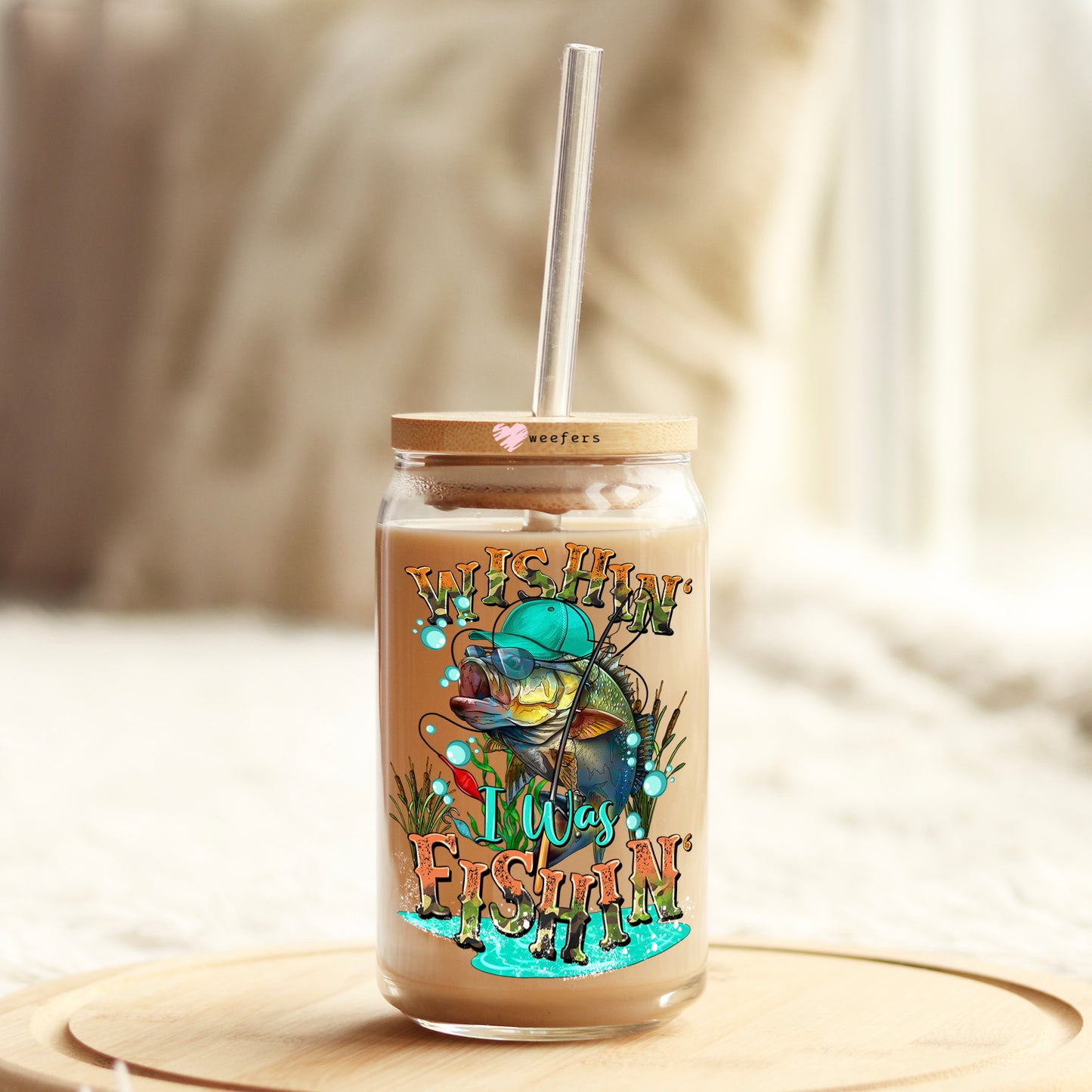 Wishin' I Was Fishin' 16oz Libbey Glass Can UV DTF or Sublimation Cup Wrap - Decal Transfer - Weefers