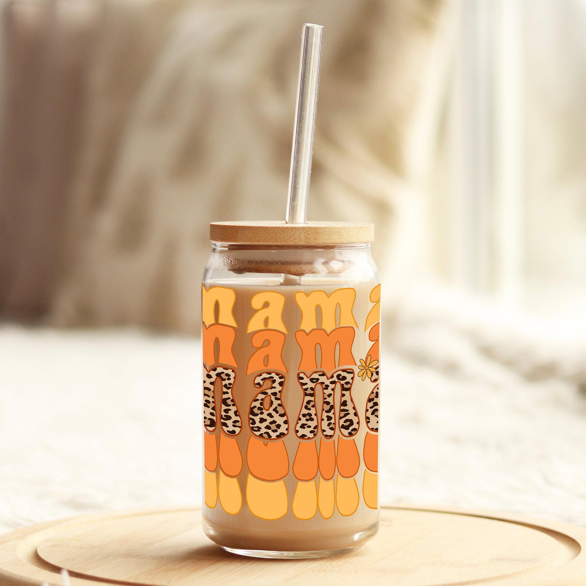 Mama Orange Leopard 16oz Libbey Glass Can UV DTF or Sublimation Cup Wrap - Decal Transfer - Weefers