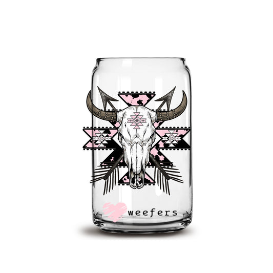 Cow Skull Black and Pink 16oz Libbey Glass Can UV DTF or Sublimation Cup Wrap - Decal Transfer - Weefers