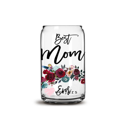 Best Mom Ever Burgundy Floral 16oz Libbey Glass Can UV DTF or Sublimation Wrap - Decal - Weefers