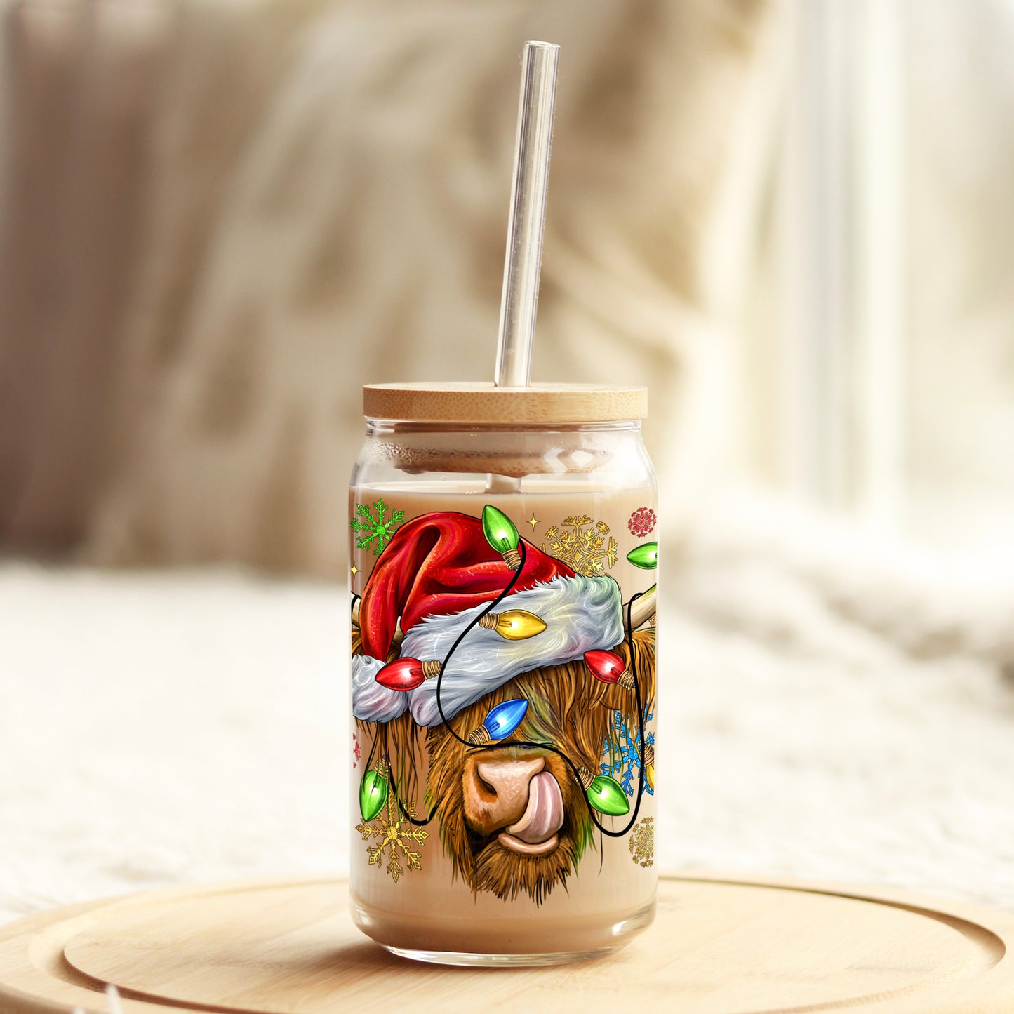 Bougie Christmas Highlander Cow 16oz Libbey Glass Can UV DTF or Sublimation Cup Wrap - Decal Transfer - Weefers