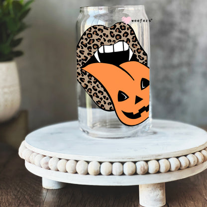 Leopard Pumpkin Lips Halloween 16oz Libbey Glass Can UV DTF or Sublimation Wrap - Decal - Weefers