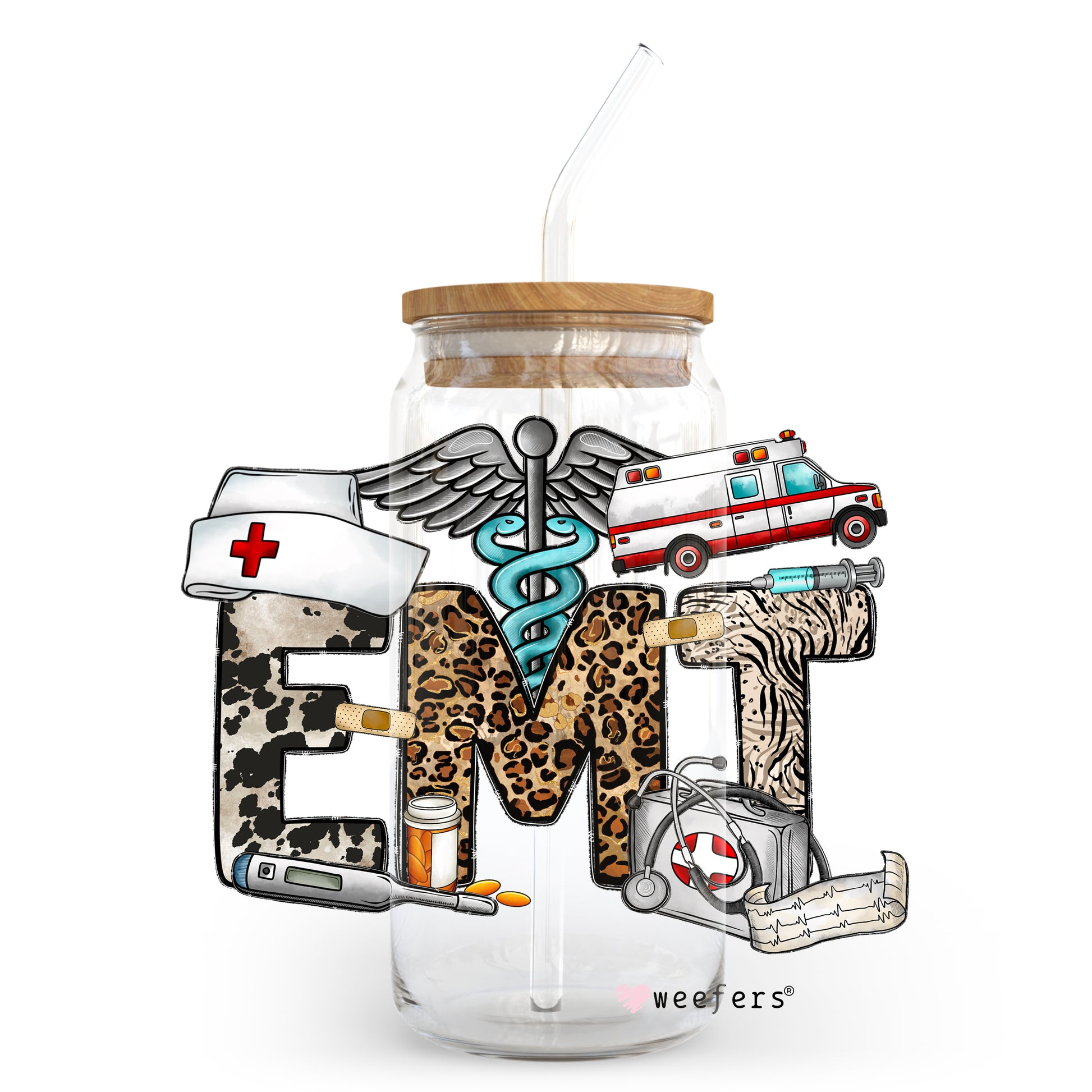 EMT Leopard 20oz Libbey Glass Can, 34oz Hip Sip, 40oz Tumbler UV DTF or Sublimation Decal Transfer - Weefers