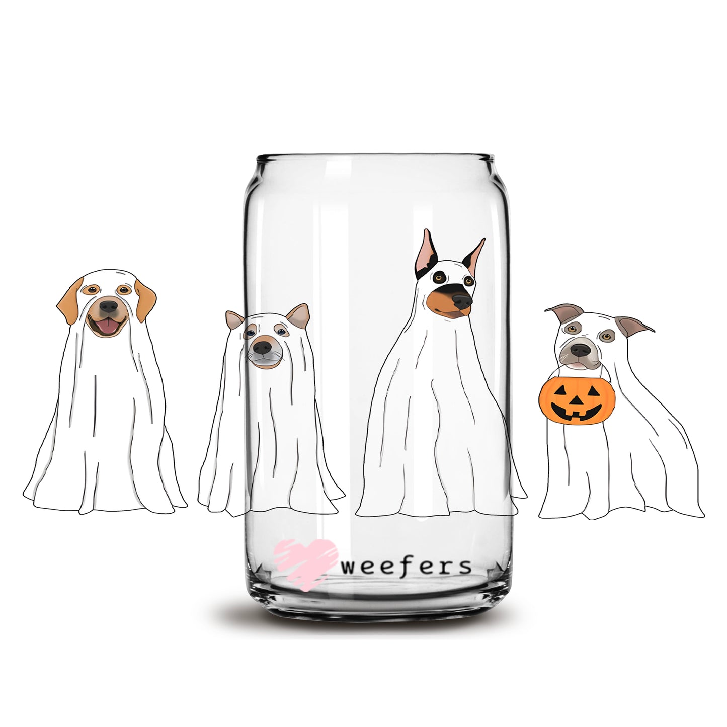 Dog Friends Ghosts Halloween 16oz Libbey Glass Can UV DTF or Sublimation Wrap - Decal - Weefers