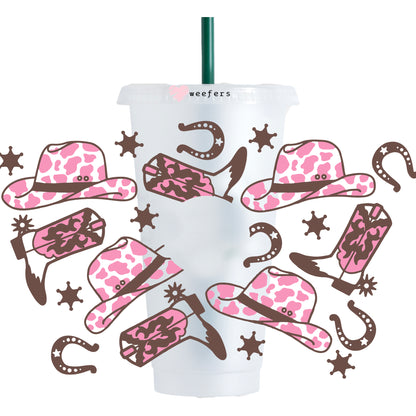 Pink and Brown Cowgirl Boots  24oz UV DTF Cold Cup Wrap - Ready to apply Wrap - HOLE - Weefers