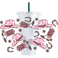 Load image into Gallery viewer, Pink and Brown Cowgirl Boots  24oz UV-DTF Cold Cup Wrap - Ready to apply Wrap - HOLE
