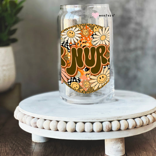 Retro Floral ER Nurse 16oz Libbey Glass Can UV DTF or Sublimation Wrap - Decal Weefers