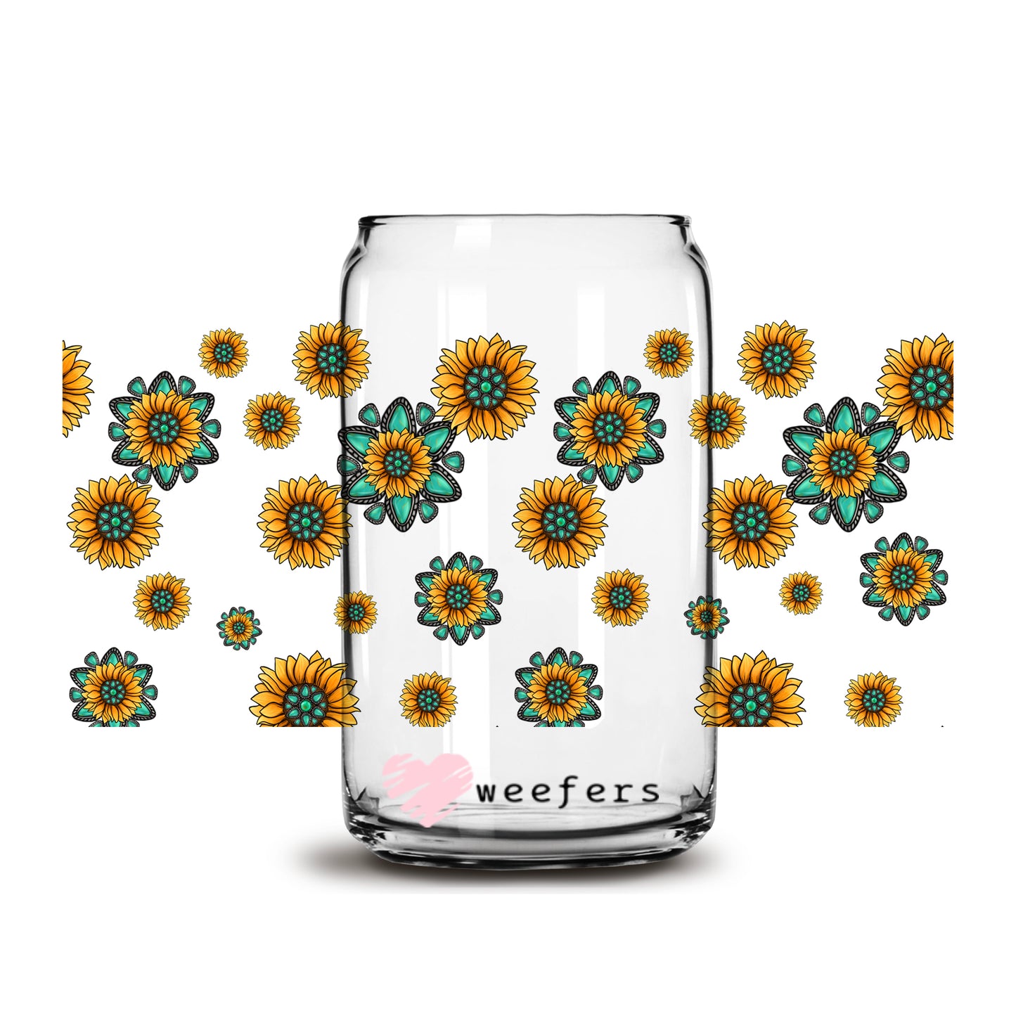 Turquoise Sunflowers Libbey Glass Can UV DTF or Sublimation Wrap - Decal - Weefers