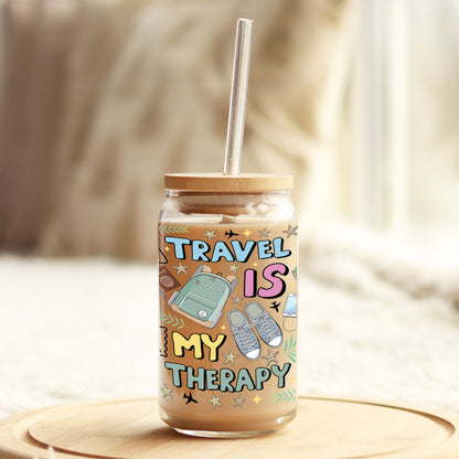 Travel is my Therapy 16oz Libbey Glass Can UV DTF or Sublimation Cup Wrap - Decal Transfer - Weefers